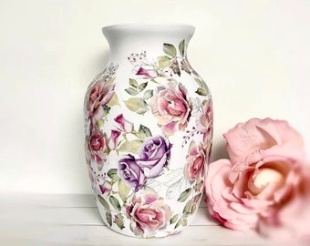 Rose Glass Vase, Mother’s Day, Vase For Flowers, Shabby Chic Vase, Farmhouse Vase, Vase Decor, Flower Gifts, Gifts For Her, Wide Vase.