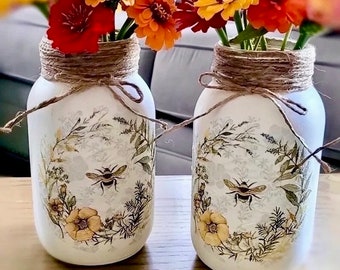 Rustic Farmhouse Jars, Set Of 2 Jars, Cottage Decor, Decoupage Bee Wildflower Wreath, Rustic Decor, Home Decor, Farmhouse Decor.