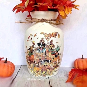 Autumn Dog Vase, Fall Decor, Dog Vase, Vase For Flowers, Decoupage Glass Vase, Dog Gifts, Thanksgiving Decor, Decorative Vase, Autumn Decor.