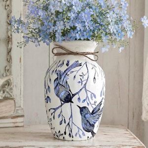 Blue Bird Decoupage Glass Vase: Shabby Chic Farmhouse Decor, Bird Vase, Vase Centerpiece, Table Vase, Birds On Branches, Lovebirds.
