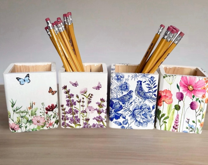 Wood Pencil Holder, Decoupaged Pen Holder, Accessories Organizer, Square Pencil Holder, Cube Pencil Holder, Gift For Teacher, Desk Accessory