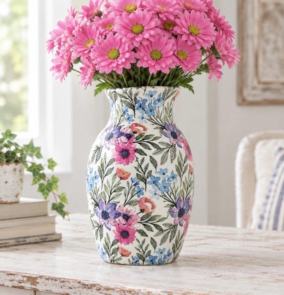 Handgemachte Blumenvase Decoupage Glasvase: Shabby Chic Bauernhaus Dekor, Frühlingsdekor, Blumendekor, Blumen auf Vase