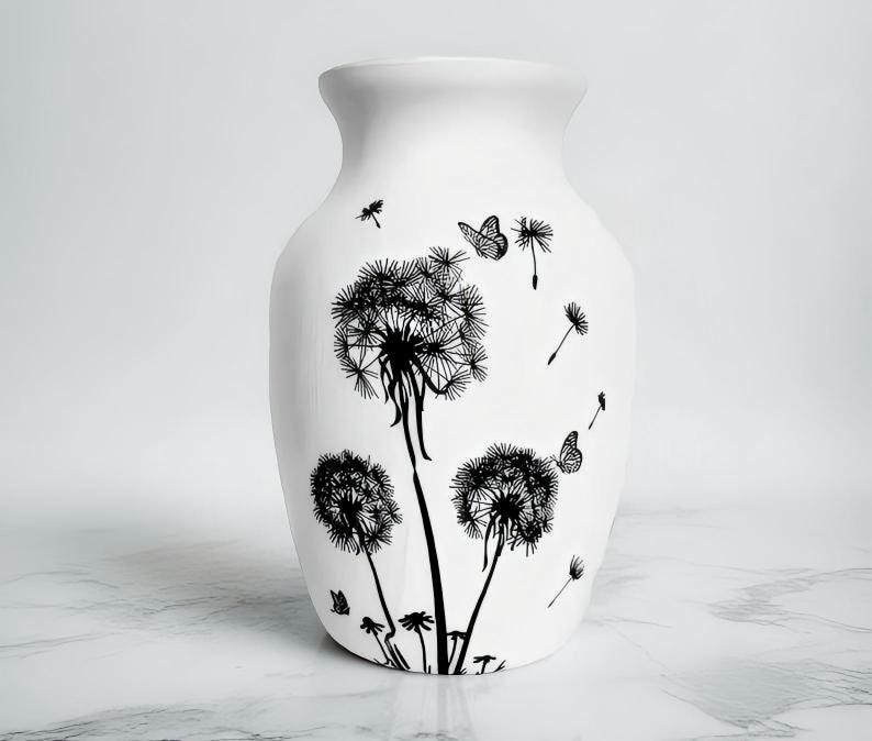 Handmade Dandelion Vase: Shabby Chic Butterfly Decor, Decoupage Vase, Fall Decor, Farmhouse Decor, Black And White Vase, Dandelion Decor. Bild 1