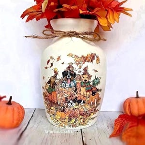 Decoupage Dog Vase: Autumn Leaves & Pumpkins, Thanksgiving Decor