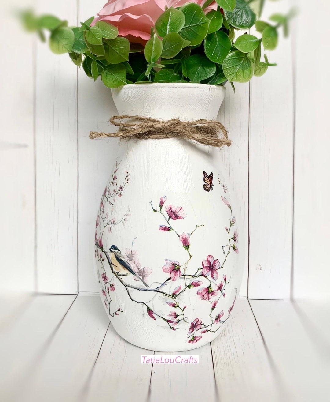 Cherry Blossom Glass Vase, Shabby Chic Vase, Gifts for Her, Farmhouse Vase, Kitchen Vase