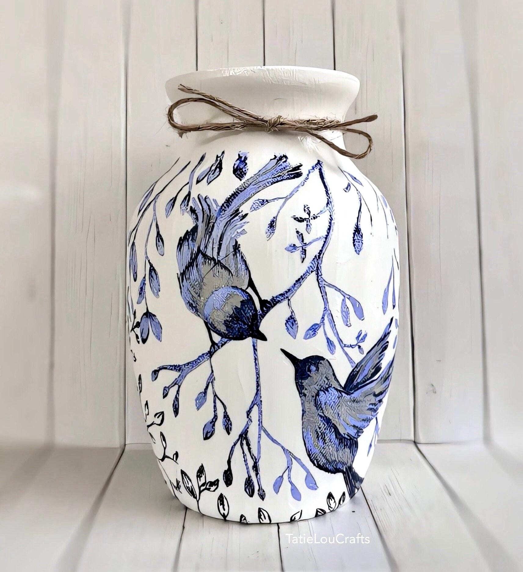 Blauer Vogel Decoupage Glasvase: Shabby Chic Bauernhaus Dekor