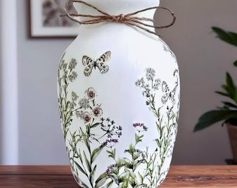 Butterfly Meadow Decoupage Glass Vase: Shabby Chic Farmhouse Decor, Wildflower, Green Meadow, Green Wildflowers, Butterfly In Meadow.