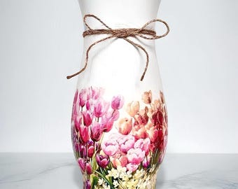 Handmade Tulip Decoupage Vase: Shabby Chic Floral Decor, Meadow Tulips, Spring Decor.