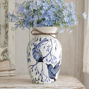 Blue Bird Decoupage Glass Vase: Shabby Chic Farmhouse Decor, Bird Vase, Vase Centerpiece, Table Vase, Birds On Branches, Lovebirds.