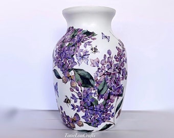 Lilac Glass Vase, Decoupage Flower Vase, Shabby Chic Vase, Farmhouse Vase, Glass Vase, Vase Decor, Gifts For Her, Small Vase, Bee Vase.