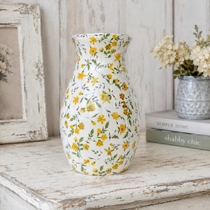 Decoupage Flower Glass Vase: Shabby Chic Farmhouse Decor, Yellow Flower Vase.