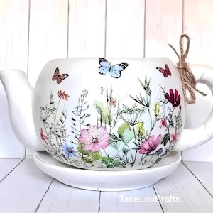 Decoupaged Ceramic Teapot Vase: Rustic Farmhouse Butterfly Decor, Wildflower, Meadows Flowers, Butterfly And Flowers.