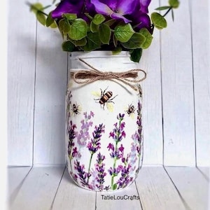 Decoupage Lavender & Bee Jar, Rustic Farmhouse Jar, Lavender Decor, Shabby Chic Jar, Bee Decor, Farmhouse Lavender, Lavender Home Decor.
