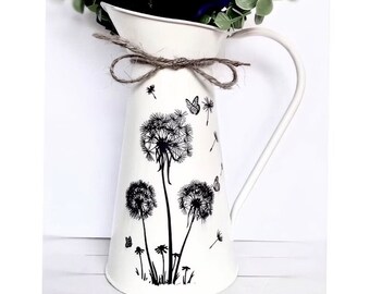 Dandelion Pitcher Vase, Rustic Farmhouse Vase, Rustic Country Vase,Decoupage Dandelion Vase,Shabby Chic Vase, Decorative Vase, Metal Pitcher