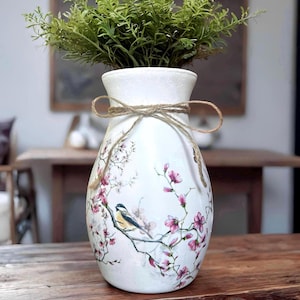 Decoupage Glass Vase: Cherry Blossom Bird Design, Shabby Chic Decor, Bird On Branch, Pink Cherry Blossom, Japanese Pink Cherry Blossom Tree.