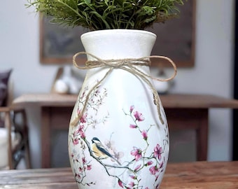 Decoupage Glass Vase: Cherry Blossom Bird Design, Shabby Chic Decor, Bird On Branch, Pink Cherry Blossom, Japanese Pink Cherry Blossom Tree.