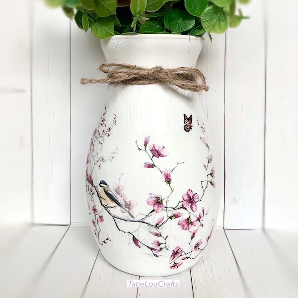 Cherry Blossom Glass Vase, Shabby Chic Vase, Gifts For Her, Farmhouse Vase,  Kitchen Vase, Decoupage Vase, Bird Gifts, Decorative Vase.