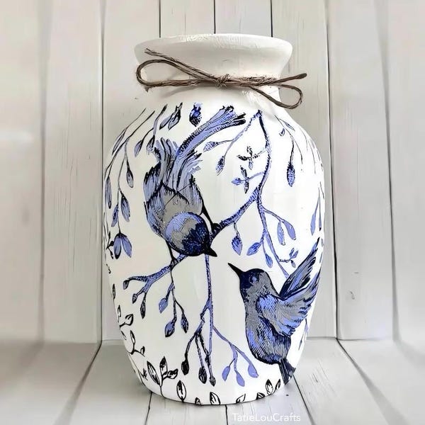Blue Bird Decoupage Glass Vase: Shabby Chic Farmhouse Decor, Bird Vase, Vase Centerpiece, Table Vase, Birds On Branches, Lovebirds.