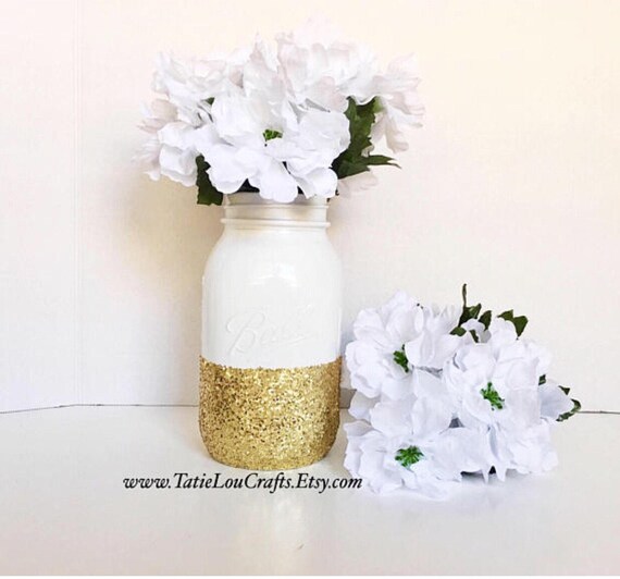 White And Gold Mason Jarbirthday Centerpiecewedding Etsy