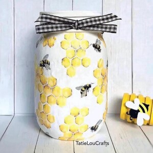 Honey Bee Jar, Honey Bee Decor, Rustic Farmhouse, Decor, Honeycomb Jar, Bee Flower Vase, Decoupaged Jar, Shabby Chic Jar.