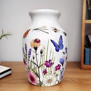 Butterfly Meadow Decoupage Glass Vase: Shabby Chic Farmhouse Decor, Wildflower Decor, Spring Decor.