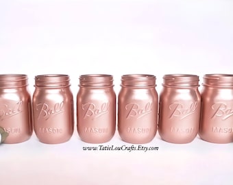 Set Of 6 Painted Mason Jars, Wedding Mason Jars,Baby Shower Jars, Rose gold, Ball Mason Jar Decor, Mason Jar Centerpieces.