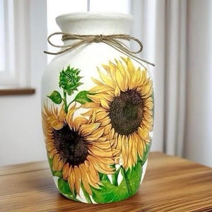 Decoupage Sunflower Vase: Handmade Shabby Chic Farmhouse Decor, Fall Decor, Thanksgiving Vase, Spring Decor, Sunflower Decor, Autumn Decor.