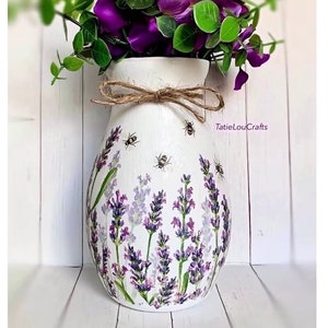 Lavender & Bees Glass Vase, Decoupage, Flower Vase, Shabby Chic Vase, Rustic Vase, Glass Vase, Vase Decor, Gifts For Her, Decorative Vase.