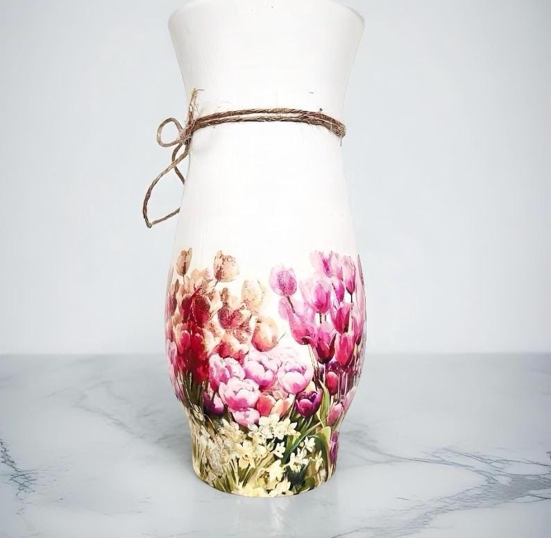 Handmade Tulip Decoupage Vase: Shabby Chic Floral Decor, Meadow Tulips ...