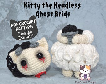 Ghost Bride Cat Crochet Pattern by Floofs and Things, Halloween Creepy Cute Cat Amigurumi Pattern