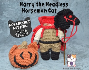 Headless Horseman Cat Crochet Pattern by Floofs and Things, Halloween Creepy Cute Amigurumi Pattern