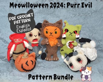 Halloween Crochet Pattern Bundle by Floofs and Things, Set of 5 Creepy Cute Cat Amigurumi Patterns for Meowlloween