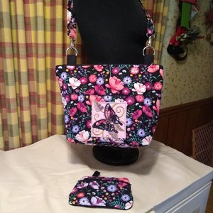 cross body floral quilted purse plus make up pouch  adjustable to 58 in butterfly theme