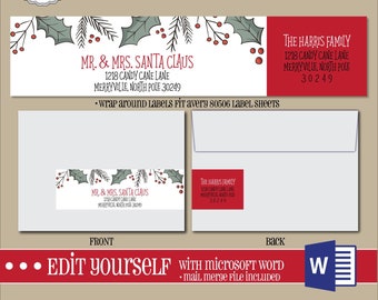 EDITABLE Christmas ADDRESS LABEL Template,Wrap Around Label, Addressing,Christmas,Word,Mail Merge,Instant Download, Return Address, Template