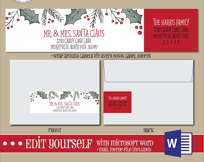 EDITABLE Christmas ADDRESS LABEL Template,Wrap Around Label, Addressing,Christmas,Word,Mail Merge,Instant Download, Return Address, Template