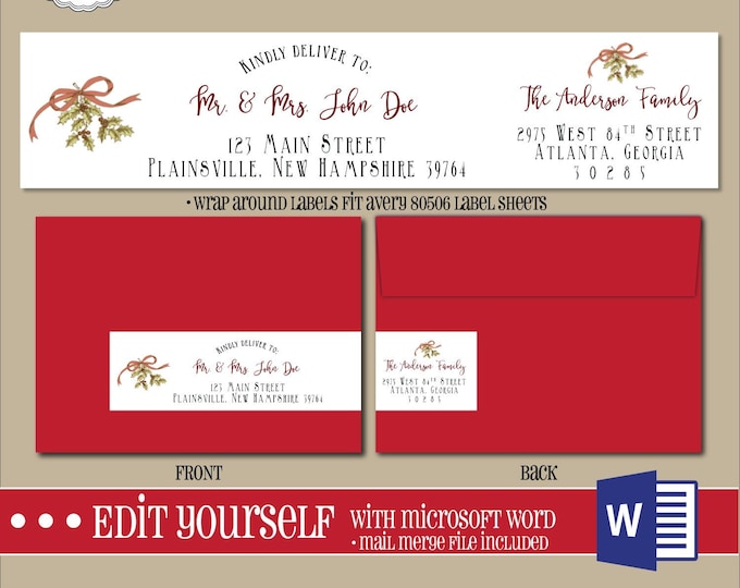 EDITABLE Christmas ADDRESS LABEL Template,Wrap Around Label, Addressing,Christmas,Word,Mail Merge,Instant Download, Return Address, Template