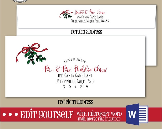 EDITABLE Christmas ENVELOPE Template,#10 Envelope,ADDRESSING,Christmas,Word,Mail Merge,Instant Download, Return Address,Template