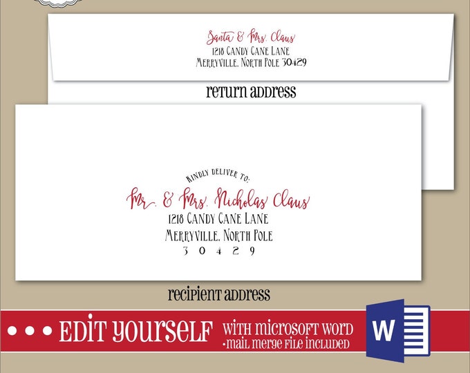 EDITABLE Christmas ENVELOPE Template,#10 Envelope,ADDRESSING,Christmas,Word,Mail Merge,Instant Download, Return Address,Template