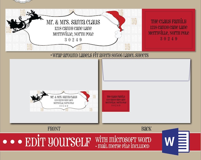 EDITABLE Christmas ADDRESS LABEL Template,Wrap Around Label, Addressing,Christmas,Word,Mail Merge,Instant Download, Return Address, Template
