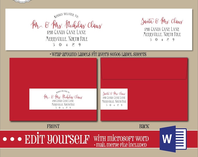 EDITABLE Christmas ADDRESS LABEL Template,Wrap Around Label, Addressing,Christmas,Word,Mail Merge,Instant Download, Return Address, Template