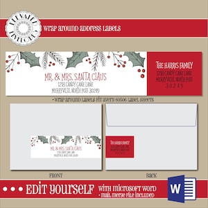 BEWERKBARE Kerst ADRES LABEL Sjabloon, Wrap Around Label, Adressering, Kerstmis, Woord, Afdruk samenvoegen, Instant Download, Retouradres, Sjabloon
