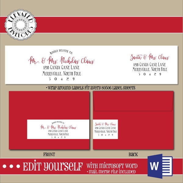 EDITABLE Christmas ADDRESS LABEL Template,Wrap Around Label, Addressing,Christmas,Word,Mail Merge,Instant Download, Return Address, Template