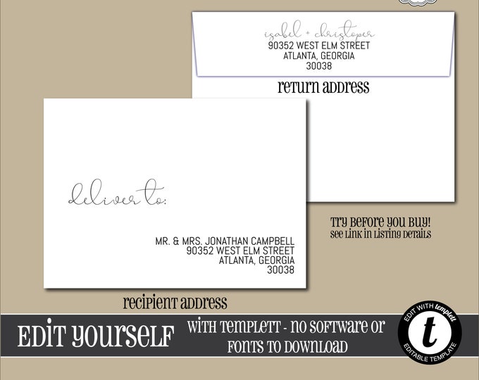 EDITABLE ENVELOPE Template, Templett, Envelope ADDRESSING, Everyday, Recipient, Template, Return Address, Elegant, Calligraphy, Envelope