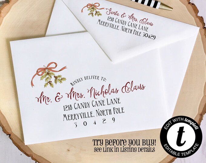 EDITABLE Christmas ENVELOPE Template,Templett, Christmas Envelope ADDRESSING,Christmas,Holly,Recipient Addressing,Envelope Addressing
