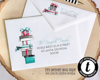 EDITABLE Christmas ENVELOPE Template, Templett, Christmas Envelope ADDRESSING, Gifts, presents, Envelope Addressing, Return Address