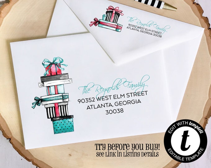 EDITABLE Christmas ENVELOPE Template, Templett, Christmas Envelope ADDRESSING, Gifts, presents, Envelope Addressing, Return Address