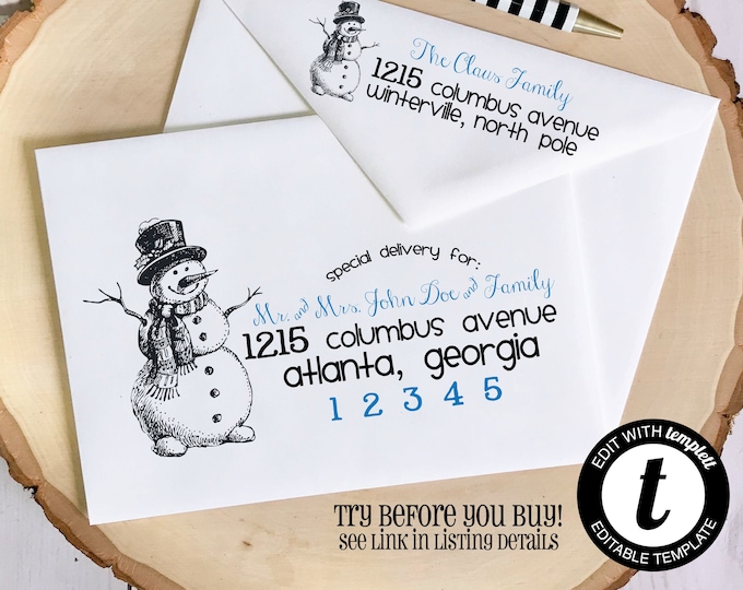 EDITABLE Christmas ENVELOPE Template, Templett, Christmas Envelope ADDRESSING, Snowman, Sketch, Envelope Addressing, Return Address