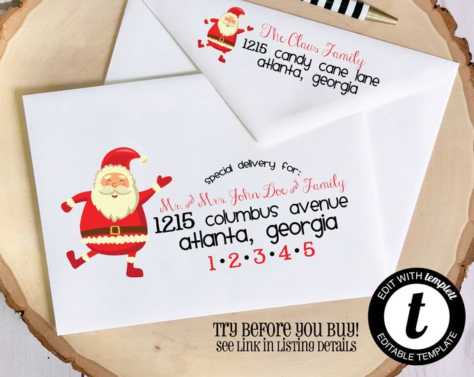 Editable Christmas Envelope Template for Templett.com | Whimsical Santa