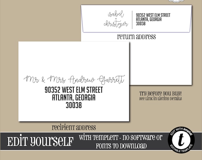 EDITABLE ENVELOPE Template, Templett, Envelope ADDRESSING, Everyday, Recipient, Template, Return Address, Elegant, Calligraphy, Envelope