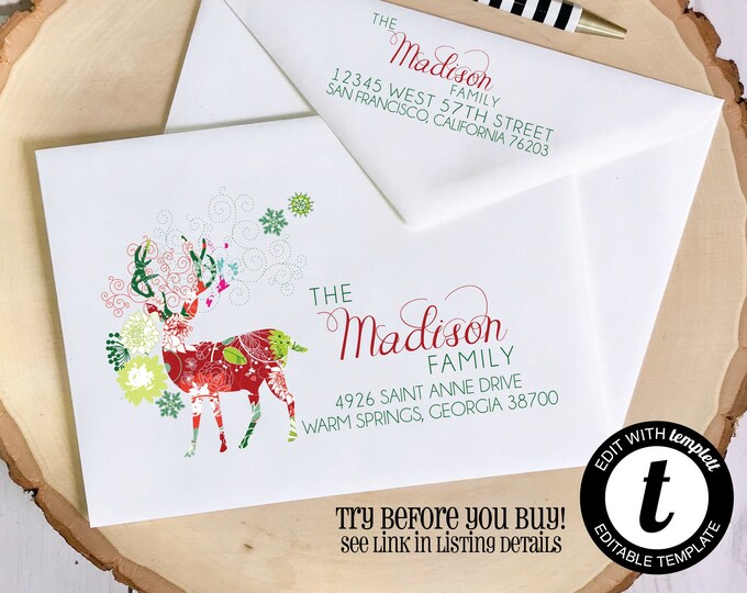 EDITABLE Christmas ENVELOPE Template, Templett, Christmas Envelope ADDRESSING, Christmas, Deer, Recipient Addressing, Envelope Addressing